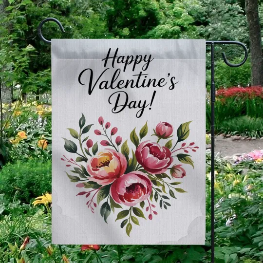 Happy Valentine's Day Garden Flag Floral Heart Peony Pink Outdoor Yard Decor