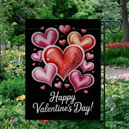 Discover Happy Valentine's Day Garden Flag Glossy Red Pink Hearts Black Yard Decor Banner