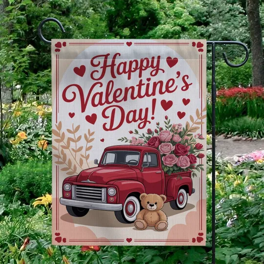 Discover Happy Valentine's Day Garden Flag Red Truck Teddy Bear Flowers Yard Decor Banner
