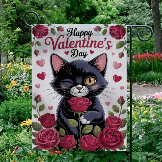 Discover Happy Valentine's Day Garden Flag Black Cat Red Roses Heart Pet Lover Yard Decor