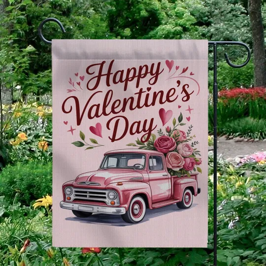 Discover Happy Valentine's Day Garden Flag Pink Truck Flower Rose Outdoor Yard Decor