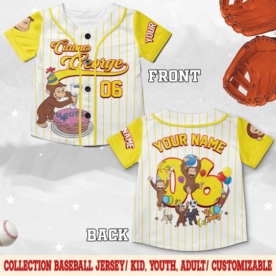 Curious George Birthday Baseball Jersey/Curious George Baseball Shirt/Curious George Birthday Jersey Shirt/Custom Baseball Jersey