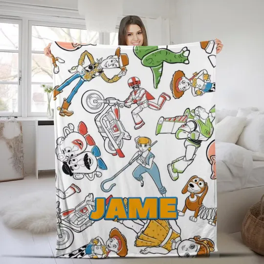 Discover Personalized Disney Toy Story Colorful Sketch Art White Cozy Fleece Blanket