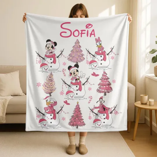Discover Personalized Disney Snowman Christmas Mickey And Friend's Cozy Fleece Blanket