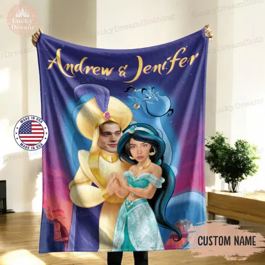 Discover Custom Aladdin & Jasmine Blanket With Face, Disney Couple Custom Fleece Blanket