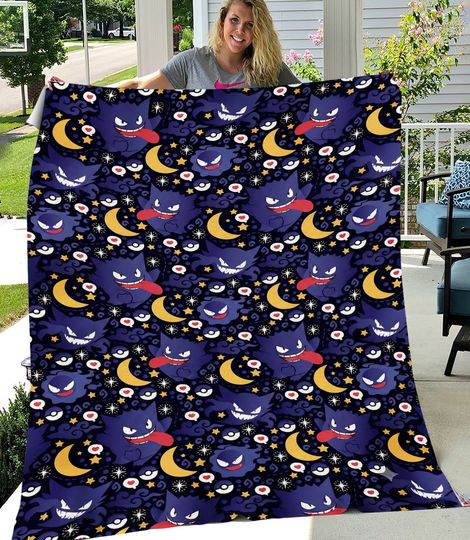 Gengar Fleece Blanket, Cute Purple Moon Fleece  Blanket
