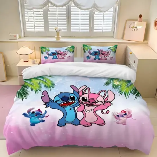Happy Stitch And Angel In Love Happy Valentine's Day Bedding Set, Bedroom Decoration