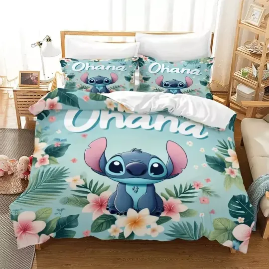 Discover Cute Stitch Ohana Means Family Tropical Flowers Bedding Set, Bedroom Decoration