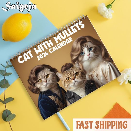 Discover Funny 2026 Wall Calendar, Cat with Mullets, White Elephant Gift for Adults, 2026 Monthly Calendar, Gag Gift Coworkers, Christmas Humor gift