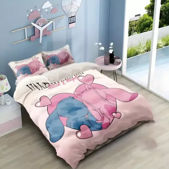 Happy Valentine's Day Stitch And Angel Couple Love Bedding Set, Bedroom Decoration