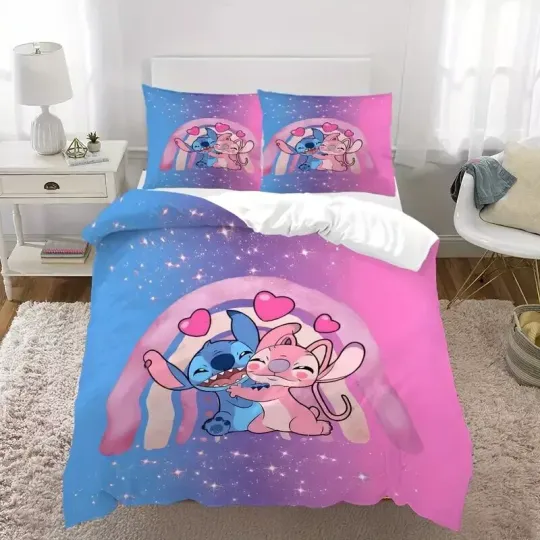 Happy Stitch And Angel Forever Lover Happy Valentine's Day Bedding Set, Bedroom Decoration