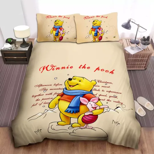 Cute Pooh Bear And Piglet Playing Snow Winnie The Pooh Bedding Set, Bedroom Decoration