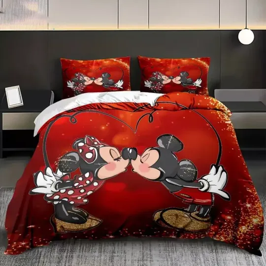 Discover Mickey Vs Minnie Mouse Kissing On Red Themed Valentine's 3D Quilt Bedding Set