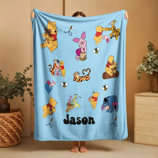Discover Disney Winnie The Pooh & Cute Friends Blue Customize Name Fleece Blanket