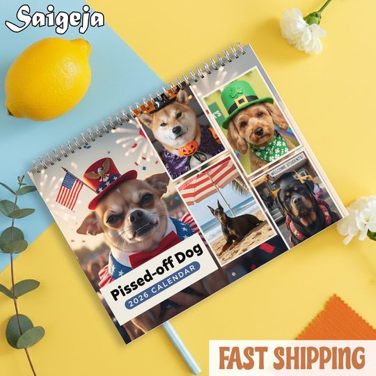 Discover Funny Pissed-off Dog Calendar 2026, Humorous Grumpy Dog Wall Planner, Hilarious Pet Costume Art, White Elephant Gag Gift, Dog Lover Gift