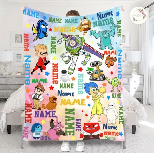 Discover Personalized Watercolor Disney Pixar Characters Fleece Blanket