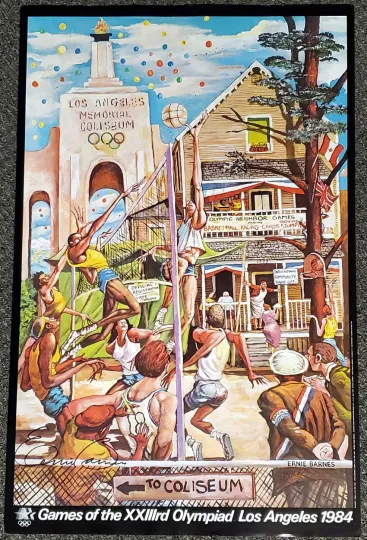 Ernie Barnes 1984 L.A. Olympics Neighborhood Vintage Vertical Poster Hand Signed