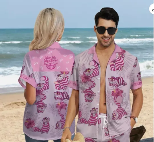 Cheshire Cat We're All Mad Here Alice In Wonderland Aloha Summer Hawaiian Shirt