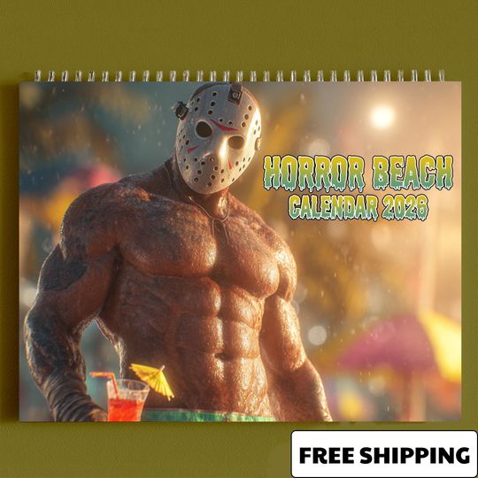 Discover Horror Movie Beach Calendar 2026, Summer Party Monthly Planner, Muscle Horror Vacation Decor, Halloween Gift for Girl