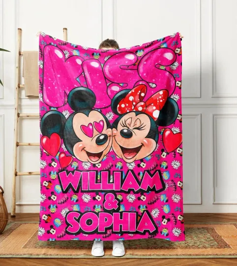 Discover Personalized Mickey And Minnie Mouse Cute Couple Fleece Blanket