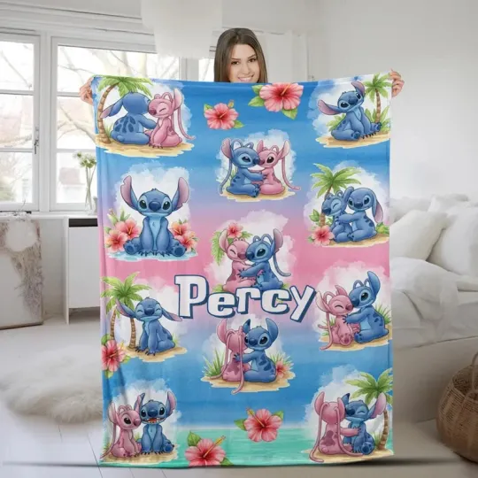Discover Disney Stitch & Angel WDW Disneyland Ohana Means Family Customize Fleece Blanket