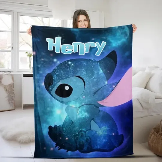 Discover Disney Stitch Sitting Pose Cosmic Vibe Customize Fleece Blanket