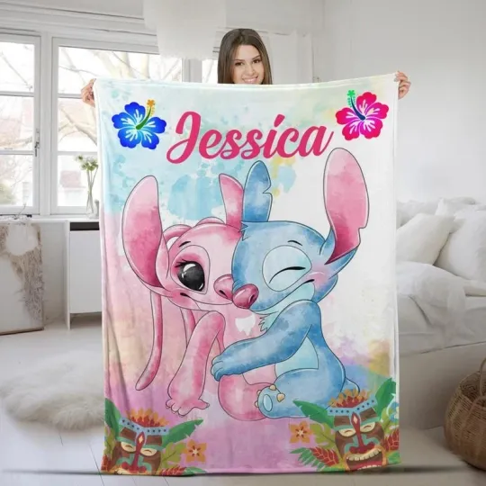 Personalized Stitch And Angel Tropical Hibiscus Flowers Fleece Blanket
