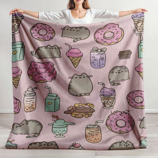 Cute Pusheen Cat Dessert Fleece Blanket with Kawaii Sweets
