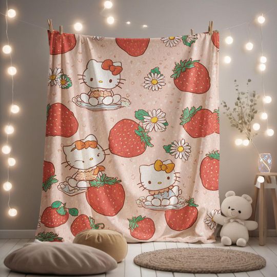 Discover Kawaii Kitty Strawberry Fleece Blanket with Cartoon Cat and Cottagecore Fruit Pattern