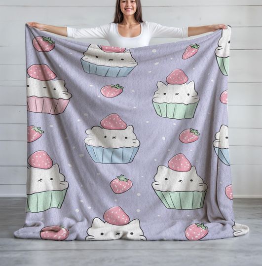 Minky Fleece Blanket with Strawberry Kitty Pattern, Kawaii Feline Dessert