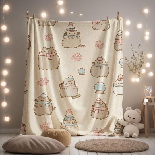 Discover Kawaii Winter Cat Fleece Blanket, Cartoon Kitty Plush Throw for Teen Girl Bedroom Decor