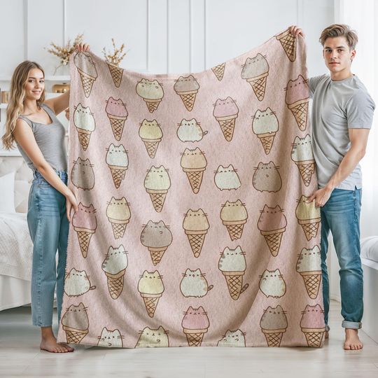 Kawaii Kitty Pattern Fleece Blanket with Cat Ice Cream Cone Design, Cozy Pusheen Cats Bedroom Decor