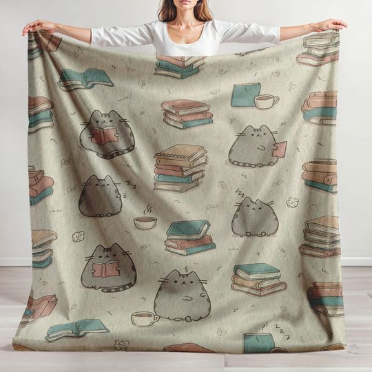 Chubby Cat Reading Fleece Blanket with Pusheen Cat Print