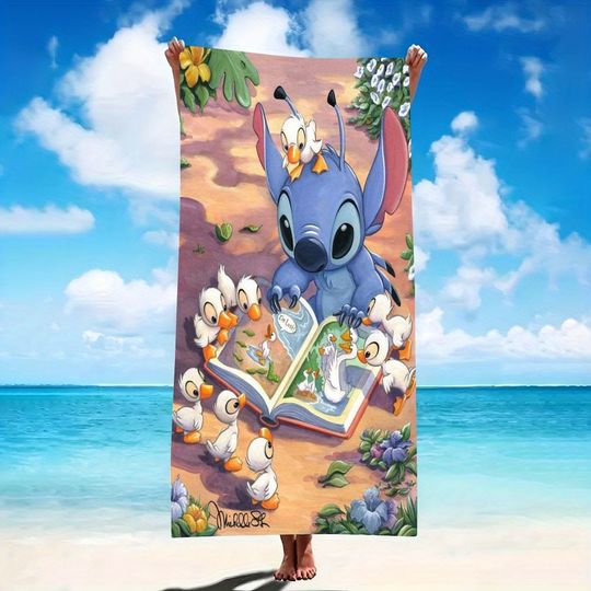 Discover Lilo Stitch Beach Towel: Stitch Reads to Ducks - A Magical Beach