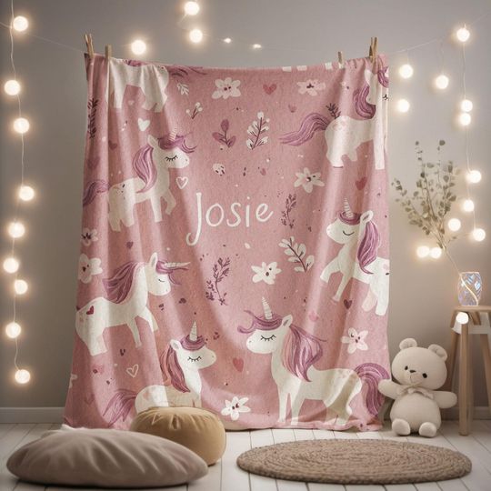 Discover Personalized Unicorn Fleece Blanket with Pink Horses and Custom Name