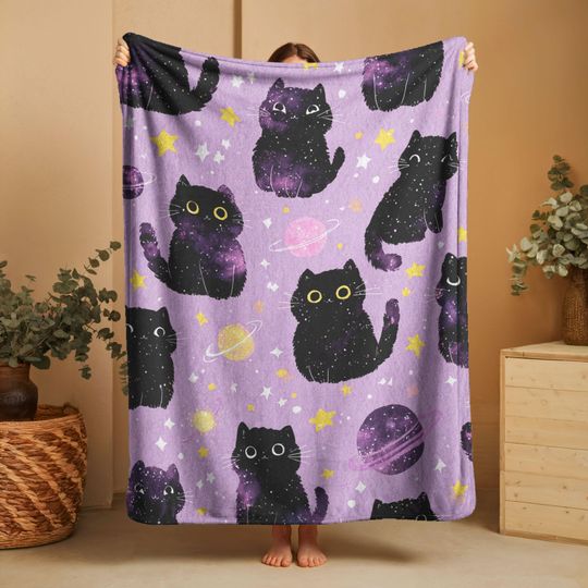 Galaxy Cat Fleece Blanket with Space Kitten Design for Pet Owners