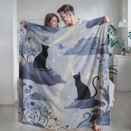 Discover Mystical Black Cat Fleece Blanket with Stars and Clouds Celestial Cat Lover Plush Cover
