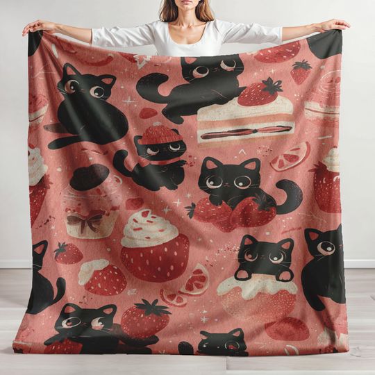 Black Cat & Strawberry Fleece Blanket, Kawaii Dessert Lover, Pink Cozy Throw, Perfect Gift for Cat Mom