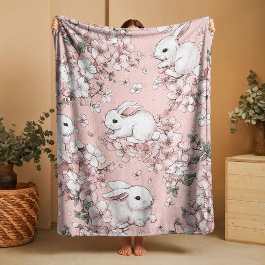 Discover Minky Fleece Blanket with Bunny and Cherry Blossom Floral Nursery Decor for Spring Easter