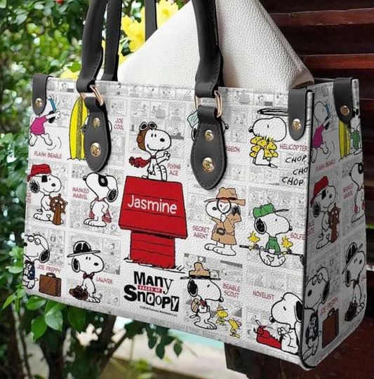 Discover Snoopy Cartoon Women Leather Handbag, Custom Leather Bag, Snoopy Cartoon Lover's Handbag, Shopping Bag, Personalized Bag, Gift For Her