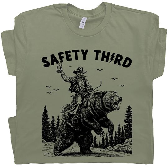 Discover Safety Third Shirt Funny T Shirt Cool Graphic Shirts for Men Women Guys Grizzly Bear T Shirt YStone Park Tee Nature Crazy Novelty Shirt