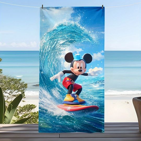 Discover Mickey Mouse Surfing Beach Towel: Fun in the Sun! Suitable for swimming parties, bathing, travel, vacation