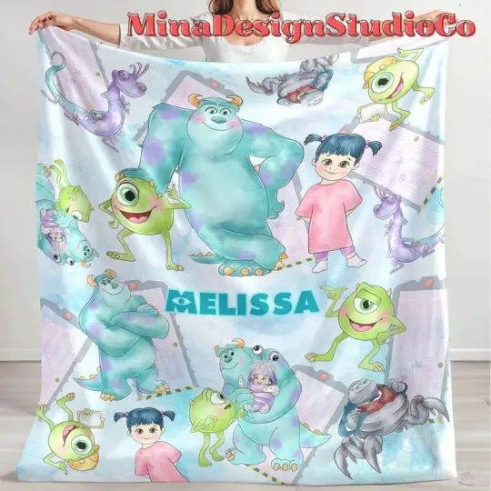 Discover Disney Monsters Inc Mike Wazowski Sully Boo Watercolor Customize Fleece Blanket