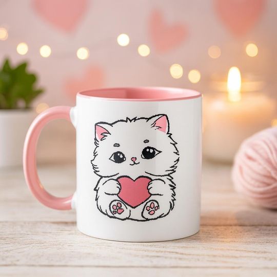 Discover Cat Mug with Heart  Kawaii Kitten Cup  Pink Ceramic Mug