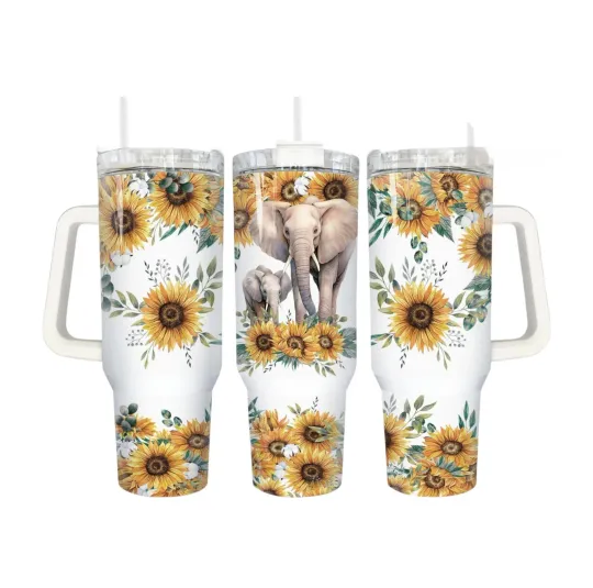 Discover 40oz Stainless Steel Tumbler with Handle Sunflower Elephant Gift