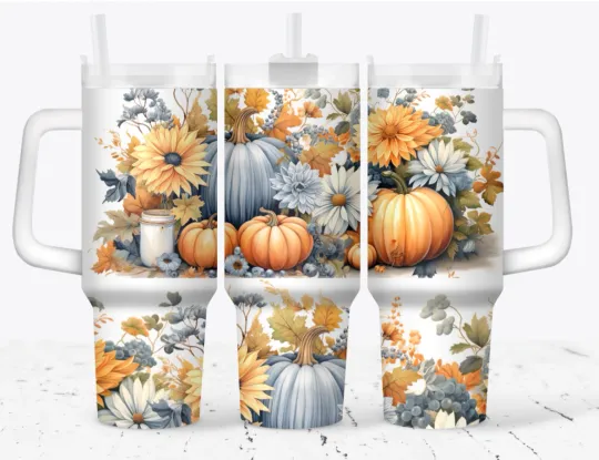 Discover 40 oz Handmade Stainless Steel Tumbler with Handle - Fall Pumpkins, Blue Pumpkins, Flowers, Gift