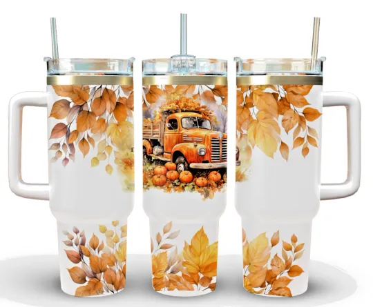 Discover 40 oz Stainless Steel Tumbler with Handle Fall Leaves Orange Truck Thanksgiving Gift