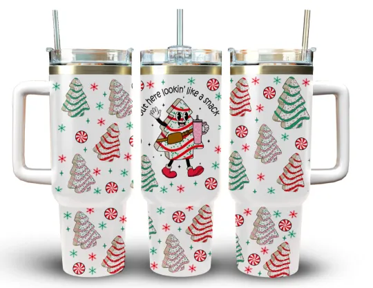 Discover Handmade 40oz Stainless Steel Tumbler with Handle - Christmas Tree Snack Cake Gift