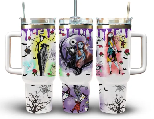 Discover 40oz Stainless Steel Tumbler with Handle Jack Skillington and Sally Halloween Bats