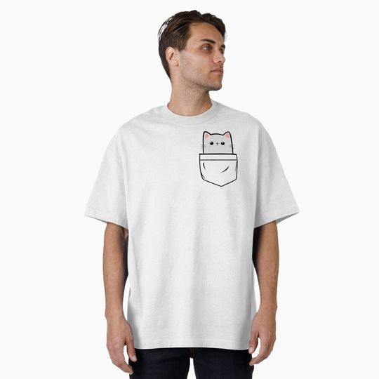 Discover Cute White Kawai Cat In T-shirt Pocket Oversized T-Shirt